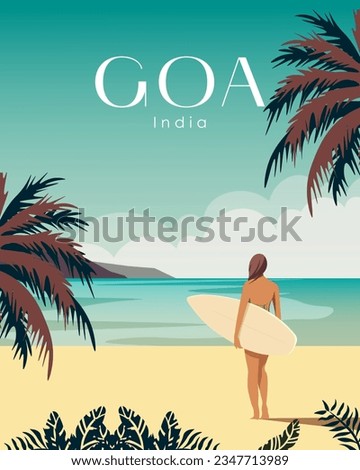 Vector illustration. Goa, India. Beach, snowboarder, palm trees, sand, ocean. Design for poster, banner, advertising, package design, background. Tourism, travel.