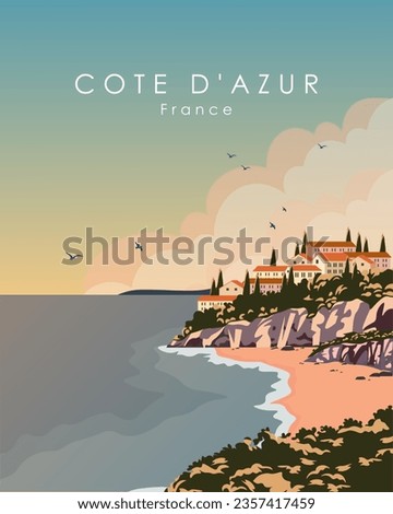 Vector illustration Cote Dazur France. Design for travel poster, postcard, banner. Retro style. Travel, tourism.
