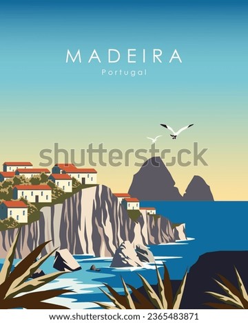 Vector illustration. Madeira, Portugal. Design for poster, banner, postcard, advertisement.