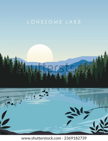 Vector illustration Lonesome Lake Franconia, New Hampshire. Design for travel poster, postcard, banner. Tourism, travel.