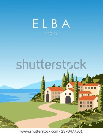 Vector illustration Elba Italy. Design for poster, banner. Travel poster, postcard, banner, background. Vetical poster. Tourism.