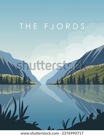 Vector illustration. Norway, Fjords. Background for poster, vertical banner, postcard.