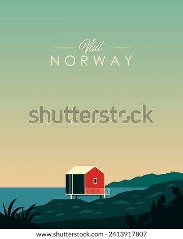 Vector illustration. Norway, Lofoten. Poster design, vertical banner, postcard. Cartoon style, minimalism. Travel, tourism.