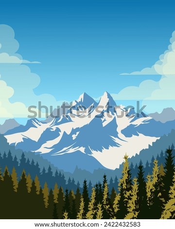 Vector illustration. Canada. Nature landscape, mountains. Design for poster, banner, postcard. Flat design. Travel, tourism.