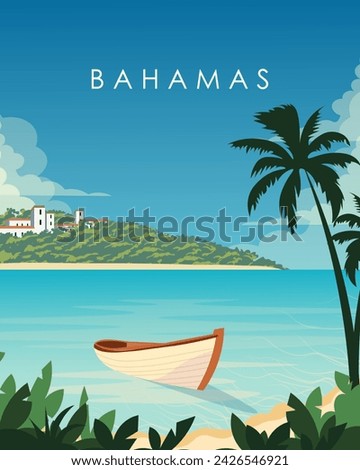 Vector illustration. Bahamas, poster design, postcard, cover. Vertical banner. Tourism, travel.