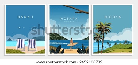 Vector illustration. Collection, set of posters for the wall, banners, postcards, covers. Modern style. Tourism. Hawaii, Costa Rica.