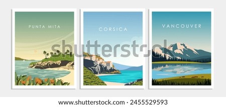 Vector illustration. Set, collection of posters, banners, cards, covers. Tourism, travel. Modern design. France, Mexico, Canada. Posters on the wall.