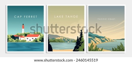 Vector illustration. A set of Posters for the wall, tourist locations, posters, banners, postcards. Modern design. Tourism.