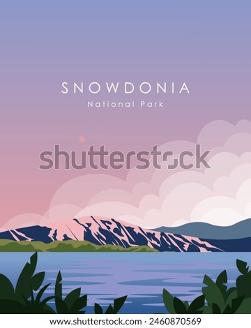 Vector illustration. Snowdonia National Park. Wall poster, banner, postcard, cover. Modern design, cartoon style. Tourism.