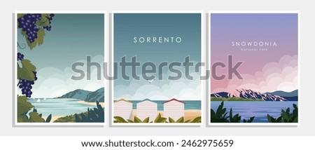 Vector illustration. Set of wall posters, vertical banners, postcards, covers. Modern design. Trips.