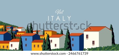 Vector illustration. Horizontal banner, postcard, cover, background. Background for website, landing page, brochure. Italy, city, village, colored houses, nature, summer. Summer landscape, cute town.