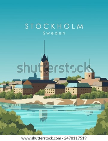 Vector illustration. Stockholm, Sweden. Poster design, vertical banner, postcard, cover. Modern design. Trips.