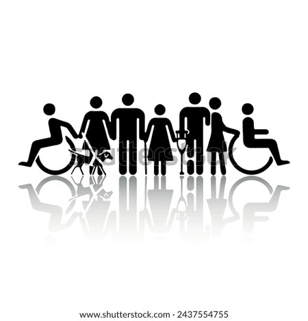 silhouettes of people with disabilities, wheelchair users, guide dogs, the hearing impaired, the blind, the lame, the fractured. Vector icons eps 10