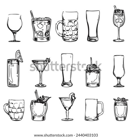 Glasses, flutes with alcoholic beverages, brandy, beer, martinis, wine, cocktails. EPS 10 outline set of sketches