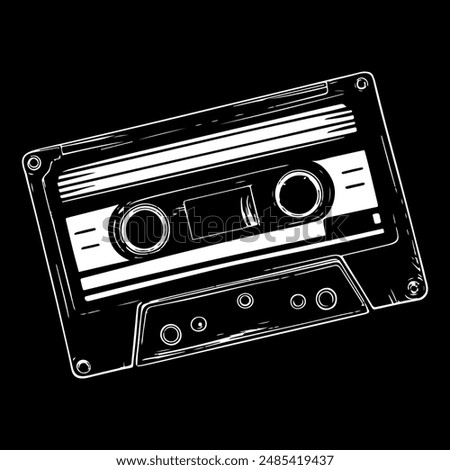 Engraving of retro audio cassette with magnetic film and reels. Monochrome outline vector image for music cover artwork