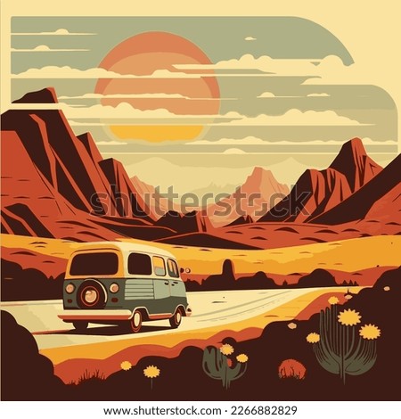 Retro landscape. vintage bus on the road , Vector illustration.