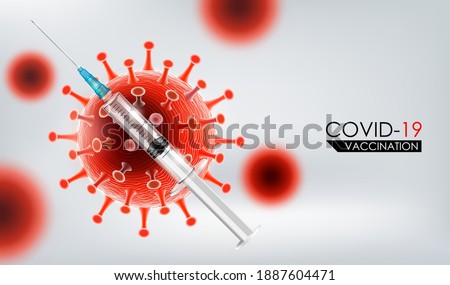 Coronavirus vaccine concept, Covid-19 coronavirus vaccination with vaccine bottle and syringe injection tool for covid19 immunization treatment and prevention, vector illustration