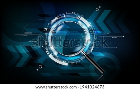 magnifying glass with scan search concept and futuristic electronic technology background, transparent vector illustration