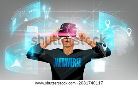Metaverse digital cyber world technology, Man holding virtual reality glasses surrounded with futuristic interface 3d hologram data, vector illustration.