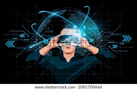 Metaverse digital cyber virtual world concept, Man holding virtual reality glasses on futuristic interface 3d world hologram, vector illustration.