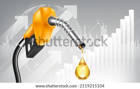 Oil price rising concept Gasoline yellow fuel pump nozzle isolated with drop oil on growth bar chart background, vector illustration Foto d'archivio © 