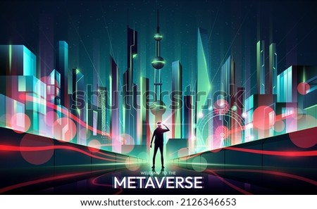 Metaverse future cityscape perspective view, Metaverse technology world concept, vector illustration