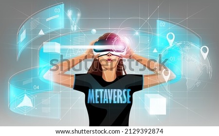 Metaverse digital cyber world technology, Woman holding virtual reality glasses surrounded with futuristic interface 3d hologram data, vector illustration.