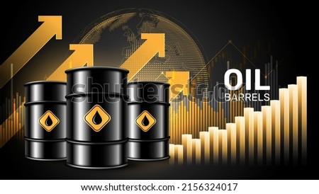 Oil price rising concept Oil barrels on a growth chart background. Investment market and trade arrows up, vector illustration