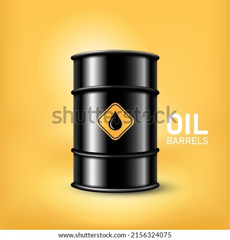 A realistic black metal oil barrel isolated and text on yellow background, vector illustration