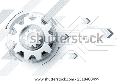 Abstract 3D gear with digital circuits and arrows on a white background and copy space. Futuristic technology concept for mechanical engineering and innovation design.