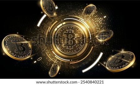 Golden Bitcoin Cryptocurrency Concept with Floating Coins and Digital Technology Background, Highlighting Blockchain and Digital Asset Investment, vector illustration

