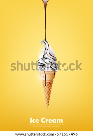 Milk ice cream in the cone, Pour chocolate syrup, transparent Vector