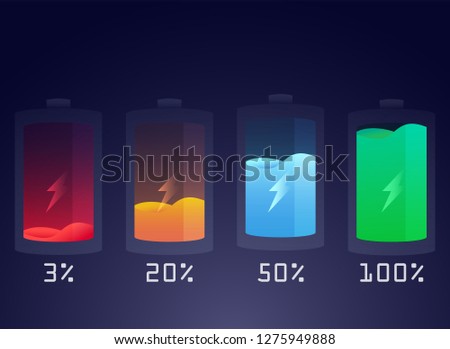 Modern 3 20 50 100 percent battery charging status indicator.Glass liquid level of power in bottle.Glossy style of battery remain in electronic device.Colorful discharged and fully charged battery.