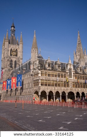 View of the medieval cloth hall and its belfry in Ypres, completely destroyed during WWI and rebuilt in the 1920\'s
