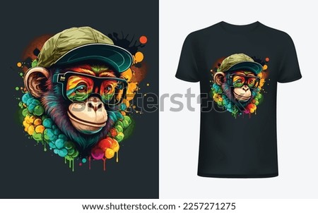 Colorful Monkey wearing a cap and sunglasses. Vector illustration for greeting card, poster, or print on clothes.