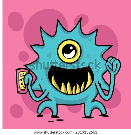 Creative One-Eye Monster and beast for branding and NFTS. One-eyed cute monster character holding a beer glass.  monster inc kawaii illustration.
