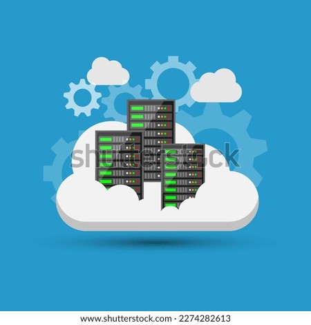 Vector flat style design of big data server on the cloud, around by setting gear icon, cloud computing storage database service system solution, internet online information access 