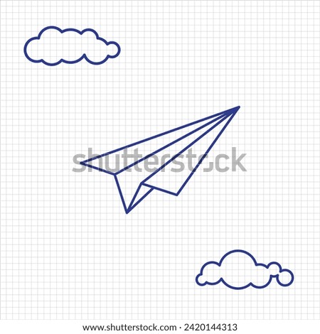 Simple vector paper airplane and cloud on notebook outline illustration, back to school and education concept, freedom and symbol, editable object and shape copy space for text
