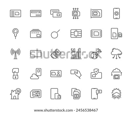 Vector outline set of smartphone sim card or signal related thing, 48x48 pixel perfect of each icon, editable stroke, for slide show, media and web application, ux, ui design
