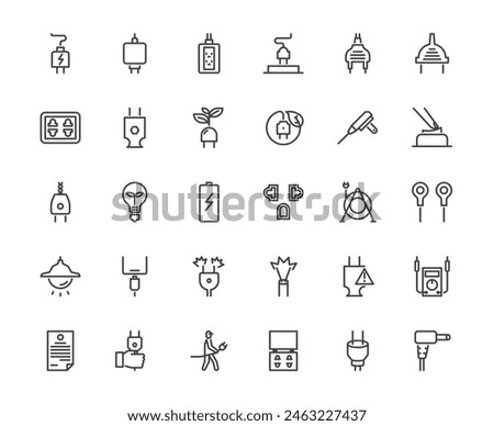 Simple outline icon set of electricity power adapter wire and plug connector, 48x48 pixel perfect icon, editable stroke white background