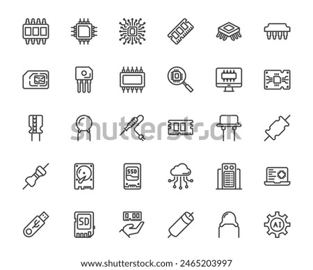 Simple outline icon set of ic chip processor capacitor related thing, computer technology 48x48 pixel perfect editable stroke line on white background for website, application, media, ux,ui design