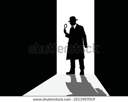 A detective in an open doorway, holding a magnifying glass. The silhouette casts a shadow on the floor in a dark room. Ideal for mystery-themed designs and detective graphics.