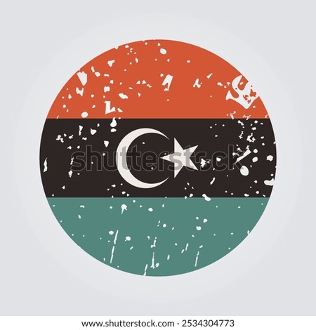 A round Libya flag icon in retro, aged colors with a distressed, grunge texture. Perfect for adding a nostalgic, vintage feel to cultural, political or patriotic designs.