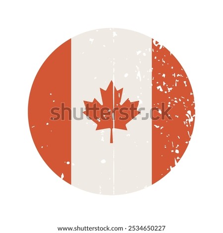 A round Canada flag icon in retro, faded colors with a grunge texture. The distressed and aged look adds a nostalgic feel to Canadian heritage, politics and patriotic themes.