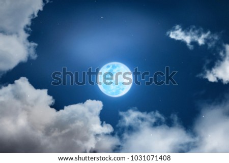 Mystical Night Sky Background With Full Moon Clouds And Stars