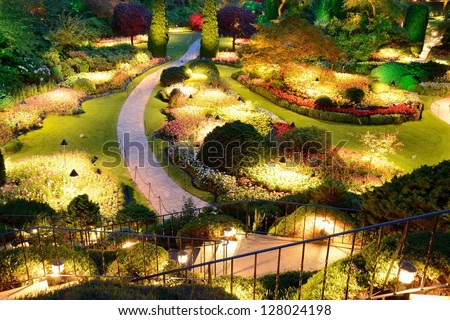 lighting of national historical site butchart garden, victoria, british columbia, canada