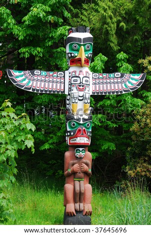 Lively Historic Totem Pole By Ancient Native Indian Americans In The ...
