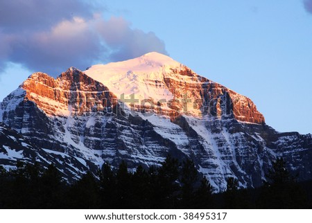 Golden snow mountain peaks in lake louise area at sunset moment, banff national park, alberta, canada