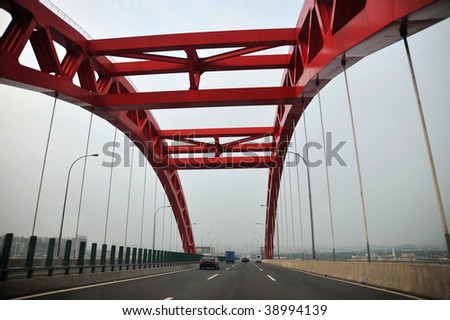 Details of a red modern bridge design and structure
