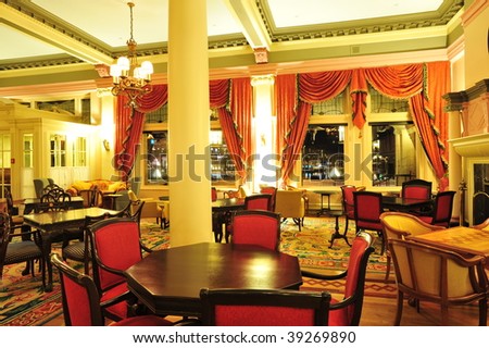 Historic victorian style hotel lobby interior look